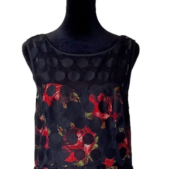 Betsey Johnson Roses w/ Polka Dot Mesh Zipper Back Dress Sz 12 - Picture 3 of 7